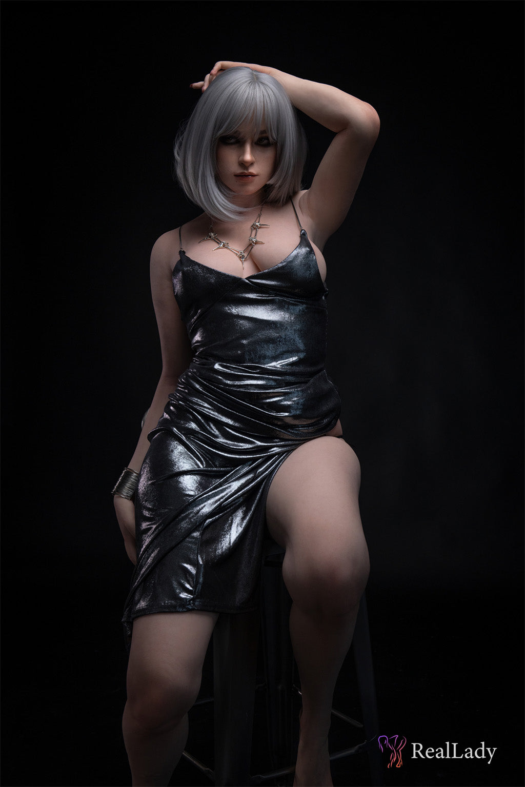Thera-170cm(5'58'') D-Cup Full Silicone Bob Silver Leather Skirt Temptation Sex Doll -Real Lady Doll