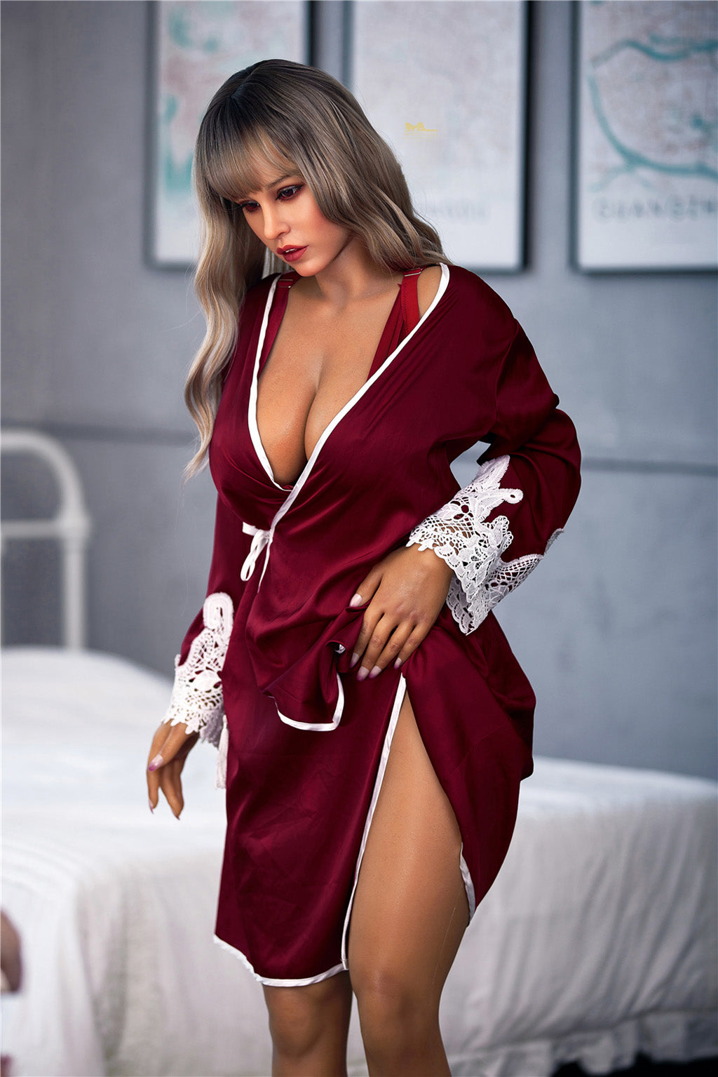 Raya -165cm(5'41")F-cup Full Silicone British  Pajamas Silver Hair Beauty Sex Doll Dark Tanned - Irontech Doll