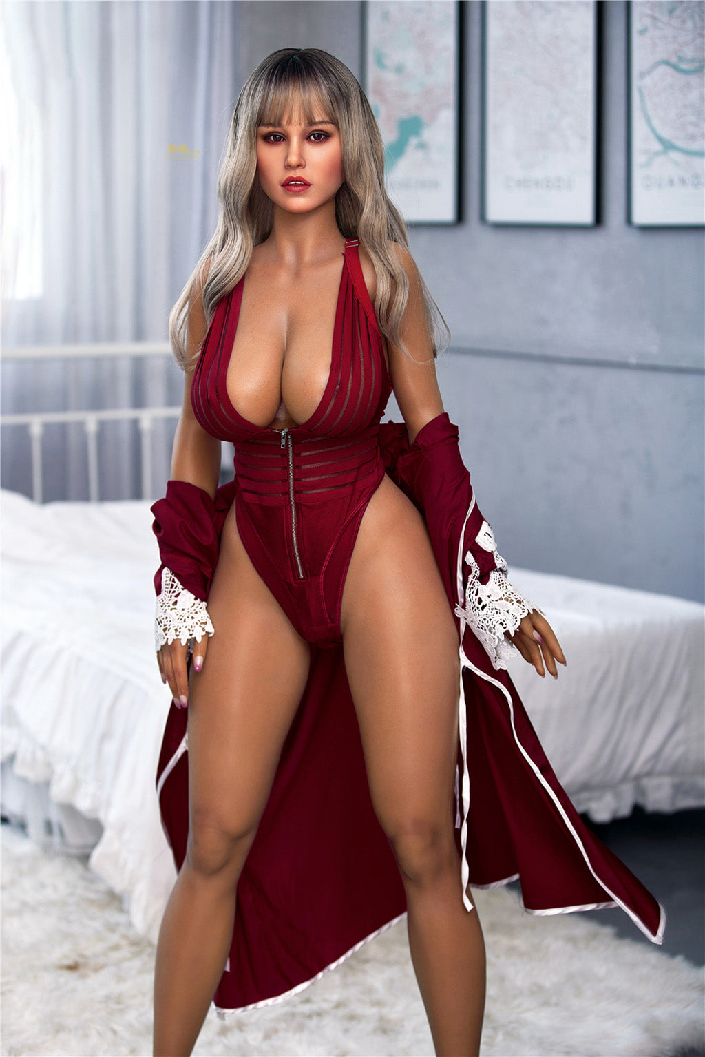 Raya -165cm(5'41")F-cup Full Silicone British  Pajamas Silver Hair Beauty Sex Doll Dark Tanned - Irontech Doll