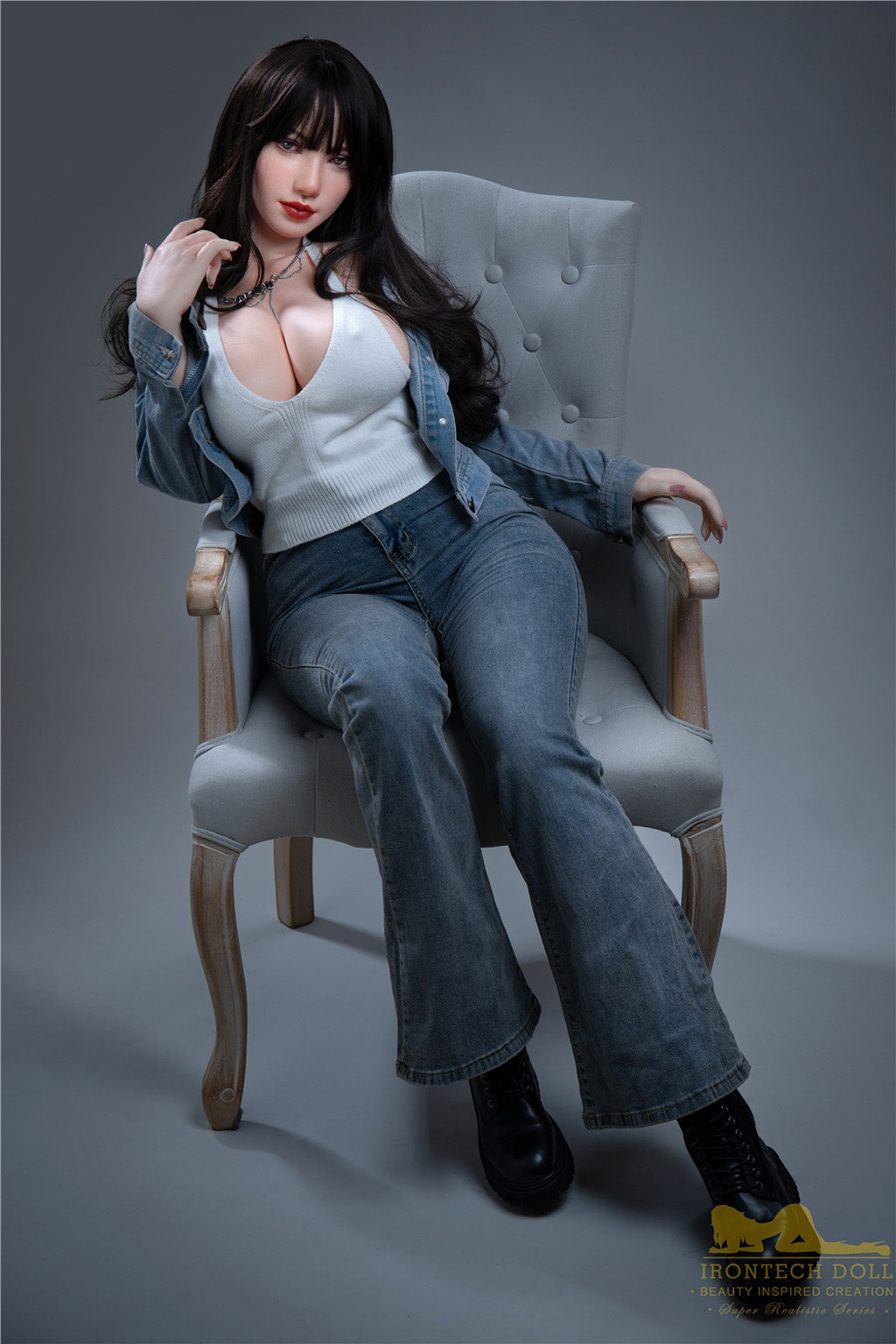 Rita-165cm(5'41")F-cup Full Silicone Mega Breasts Black Hair Jean Girl  Sex Doll - Irontech Doll